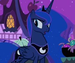 Size: 1273x1080 | Tagged: safe, screencap, princess luna, alicorn, pony, g4, luna eclipsed, season 2, concave belly, cropped, crown, ethereal mane, ethereal tail, female, folded wings, jewelry, looking back, mare, night, peytral, ponyville, regalia, slender, solo, sparkly mane, sparkly tail, tail, thin, tiara, wings