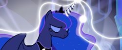 Size: 1920x799 | Tagged: safe, princess luna, alicorn, pony, do princesses dream of magic sheep, g4, season 5, concentrating, cropped, ethereal mane, eyes closed, female, jewelry, magic, mare, partially open wings, peytral, sparkly mane, tiara, widescreen, wings