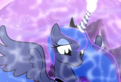 Size: 1586x1080 | Tagged: safe, princess luna, alicorn, pony, do princesses dream of magic sheep, g4, season 5, cropped, female, jewelry, magic, mare, night, smiling, solo, spread wings, tiara, wings