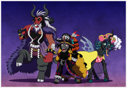 Size: 2659x1866 | Tagged: safe, artist:inuhoshi-to-darkpen, king sombra, lord tirek, queen chrysalis, centaur, changeling, changeling queen, pony, unicorn, taur, g4, antagonist, beard, blackbeard, charlotte linlin, clothes, cloven hooves, commission, cosplay, costume, crossover, exoskeleton, facial hair, female, hat, high res, kaidou, male, marshall d. teach, moustache, one piece, pirate, pirate hat, spiked wristband, stallion, wristband