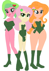 Size: 406x585 | Tagged: safe, artist:sturk-fontaine, oc, oc only, oc:briar apple, oc:melon kiss, oc:peach blossom, equestria girls, g4, base used, big breasts, breasts, child bearing hips, clothes, crossover, dc comics, female, hairclip, henchgirls, leotard, magical lesbian spawn, offspring, parent:applejack, parent:fluttershy, simple background, trio, trio female, white background, wide hips