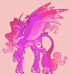 Size: 1335x1427 | Tagged: safe, artist:6chocolatepie9, luster dawn, alicorn, pony, g4, alicornified, alternate design, curved horn, horn, leonine tail, lustercorn, orange background, race swap, redesign, simple background, solo, spread wings, tail, wings