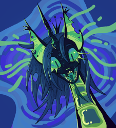 Size: 996x1100 | Tagged: safe, artist:6chocolatepie9, queen chrysalis, changeling, changeling queen, g4, alternate design, big ears, blue background, simple background, solo, tongue out