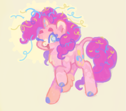 Size: 603x530 | Tagged: safe, artist:6chocolatepie9, pinkie pie, pony, unicorn, g4, ;d, appaloosa, beanbrows, blue eyelashes, coat markings, colored eyelashes, colored hooves, confetti, confetti in mane, confetti in tail, eyebrows, facial markings, leg fluff, leonine tail, one eye closed, open mouth, open smile, race swap, raised hoof, simple background, smiling, snip (coat marking), socks (coat markings), solo, tail, unicorn pinkie pie, wink, yellow background