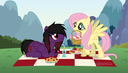 Size: 2625x1500 | Tagged: safe, artist:zeffdakilla, fluttershy, oc, oc:frankie fang, pegasus, pony, g4, apple, basket, cake, cookie, cupcake, drink, duo, emo, folded wings, food, herbivore, holding in mouth, looking at each other, looking at someone, lying down, mountain, picnic, picnic basket, picnic blanket, pie, raised hoof, spread wings, wings
