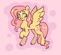 Size: 862x768 | Tagged: safe, artist:6chocolatepie9, fluttershy, pegasus, pony, g4, blushing, chest fluff, colored hooves, female, long tail, mare, outline, pink background, raised hoof, shiny mane, simple background, smiling, solo, spread wings, tail, unshorn fetlocks, wings