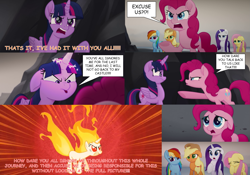 Size: 2003x1399 | Tagged: safe, edit, edited screencap, screencap, applejack, fluttershy, pinkie pie, rainbow dash, rarity, twilight sparkle, alicorn, earth pony, pegasus, pony, unicorn, feeling pinkie keen, g4, my little pony: the movie, alternate scenario, angry, comic, comic sans, floppy ears, implied spike, mane six, ragelight sparkle, rapidash twilight, screencap comic, speech bubble, twilight sparkle (alicorn), unicorn twilight