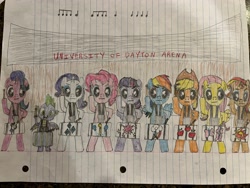 Size: 4032x3024 | Tagged: safe, applejack, fluttershy, pinkie pie, rainbow dash, rarity, spike, starlight glimmer, sunset shimmer, twilight sparkle, alicorn, dragon, earth pony, pegasus, pony, unicorn, g4, bipedal, drawing, drumming, drums, hoof hold, lined paper, magnetic hooves, mane seven, mane six, musical instrument, ohio, traditional art, twilight sparkle (alicorn), winged spike, wings