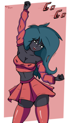 Size: 2752x4858 | Tagged: safe, artist:toxinagraphica, queen chrysalis, human, equestria girls, g4, cheerleader, cheerleader outfit, clothes, female, looking at you, sexy, simple background, skirt, smiling, socks, solo, stockings, thigh highs
