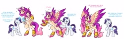Size: 4096x1339 | Tagged: safe, artist:hypnosiswolf, rarity, oc, oc:princess solstice, alicorn, human, pony, unicorn, alicorn oc, ankh, bipedal, colored wings, dialogue, duo, duo female, female, high res, horn, human to pony, jewelry, magic, magic aura, mare, motion lines, one eye closed, open mouth, open smile, ponysuit, push, quadrupedal, regalia, simple background, smiling, transformation, two toned wings, unshorn fetlocks, white background, wings, wink