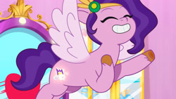 Size: 3072x1727 | Tagged: safe, screencap, pipp petals, pegasus, pony, g5, jazz hearts rocky, my little pony: tell your tale, spoiler:g5, spoiler:my little pony: tell your tale, spoiler:tyts02e04, eyes closed, female, flying, grin, mane melody (location), mare, smiling, solo, spread wings, wings