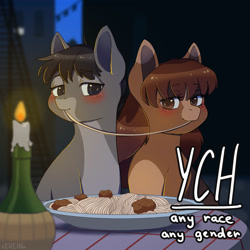 Size: 2000x2000 | Tagged: safe, artist:erein, pony, advertisement, any gender, any race, auction, auction open, blushing, candle, commission, date, duo, ears up, food, high res, lady and the tramp, night, outdoors, pasta, plate, romantic, scene interpretation, shipping, smiling, spaghetti, table, ych sketch, your character here