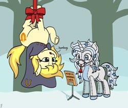 Size: 1600x1350 | Tagged: safe, artist:mkogwheel, oc, oc only, earth pony, original species, plush pony, pony, cloak, clothes, duo, female, hearth's warming, mare, mouth hold, music stand, plushie, secret santa, smiling, upside down