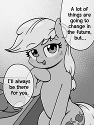Size: 1500x2000 | Tagged: safe, artist:mkogwheel, applejack, earth pony, pony, g4, bedroom eyes, black and white, blush lines, blushing, cute, dialogue, eyebrows, eyebrows visible through hair, female, grayscale, hat off, hoof on chin, human shoulders, jackabetes, looking at you, mare, monochrome, sitting, smiling, smiling at you, solo, speech bubble