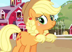 Size: 1476x1080 | Tagged: safe, artist:cstrawberrymilk, applejack, earth pony, pony, g4, alternate hairstyle, barn, braid, cute, female, freckles, jackabetes, mare, show accurate, solo, sweat, sweet apple acres