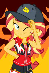 Size: 441x662 | Tagged: safe, artist:mlpandboboiboyfan, sunset shimmer, display of affection, equestria girls, g4, my little pony equestria girls: better together, boboiboy, boboiboy blaze, boboiboy fire, boboiboy: the movie, burn, burning, cap, clothes, fire, hat, jacket