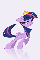 Size: 3305x4957 | Tagged: safe, artist:kaf_pone, twilight sparkle, alicorn, pony, g4, closed mouth, crown, female, folded wings, gradient background, jewelry, lidded eyes, mare, raised hoof, reflection, regalia, simple background, smiling, smug, solo, twilight sparkle (alicorn), white background, wings