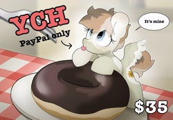 Size: 3332x2317 | Tagged: safe, artist:mochi_nation, oc, oc only, oc:sunrich maron, pegasus, pony, coat markings, commission, cute, dialogue, donut, eye clipping through hair, female, food, fork, freckles, looking up, mare, mine!, ocbetes, solo, speech bubble, spread wings, text, tiny, tiny ponies, tongue out, wings, your character here