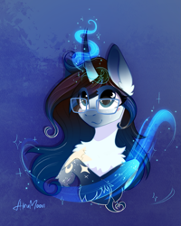 Size: 1273x1595 | Tagged: safe, artist:alrumoon_art, oc, oc only, unicorn, bust, glasses, hair over one eye, magic, portrait, simple background