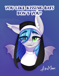 Size: 1300x1676 | Tagged: safe, artist:alrumoon_art, oc, oc only, bat pony, blue background, blue mane, boy kisser meme, bust, commission, ear fluff, eye clipping through hair, green eyes, hair over one eye, nun outfit, portrait, simple background, ych result