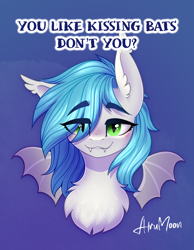 Size: 1300x1676 | Tagged: safe, alternate character, alternate version, artist:alrumoon_art, oc, oc only, bat pony, blue mane, blushing, bust, commission, ear fluff, eye clipping through hair, green eyes, hair over one eye, portrait, simple background, ych result