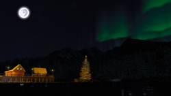 Size: 1920x1080 | Tagged: safe, artist:owlcat, edit, edited screencap, screencap, g4, american truck simulator, aurora borealis, christmas, christmas tree, forest, game screencap, holiday, mare in the moon, moon, mountain, nature, night, sky, stars, tree