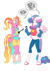 Size: 4962x7014 | Tagged: safe, artist:kandlin, luster dawn, princess flurry heart, alicorn, unicorn, anthro, unguligrade anthro, g4, absurd resolution, belly button, clothes, cosplay, costume, female, flurrydawn, gem, glasses, lesbian, midriff, pearl (steven universe), riding crop, shipping, simple background, speech bubble, stevearl, steven quartz universe, steven universe, white background, yelling