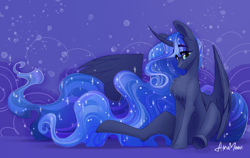 Size: 3510x2225 | Tagged: safe, artist:alrumoon_art, princess luna, alicorn, pony, g4, abstract background, chest fluff, closed mouth, curved horn, cute, ethereal hair, ethereal mane, ethereal tail, female, horn, looking at you, lunabetes, mare, missing accessory, partially open wings, purple background, simple background, sitting, smiling, solo, sparkly mane, sparkly tail, spread wings, starry mane, starry tail, stars, tail, wings