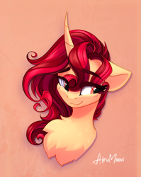 Size: 1013x1272 | Tagged: safe, artist:alrumoon_art, oc, oc only, pony, unicorn, bust, chest fluff, curved horn, horn, looking away, portrait, smiling