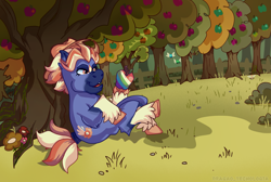 Size: 3955x2665 | Tagged: safe, artist:dragao_tecnologia, idw, tracy tailspin, earth pony, parasprite, pony, g5, apple, apple tree, cowboy hat, fanart, female, flower, food, green apple, hat, mare, tree, unshorn fetlocks, zap apple