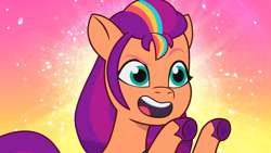 Size: 3072x1727 | Tagged: safe, screencap, sunny starscout, earth pony, pony, g5, jazz hearts rocky, my little pony: tell your tale, spoiler:g5, spoiler:my little pony: tell your tale, spoiler:tyts02e04, eyebrows, female, mane stripe sunny, mare, open mouth, open smile, raised eyebrow, smiling, solo