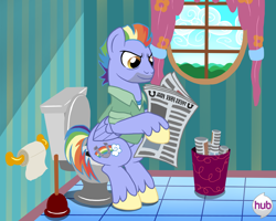 Size: 2154x1723 | Tagged: safe, artist:jac59col, bow hothoof, pegasus, pony, g4, bathroom, but why, foal free press, hub logo, implied pooping, logo, male, newspaper, show accurate, sitting, sitting on toilet, the hub, toilet, toilet paper
