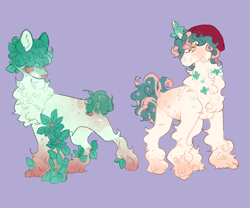 Size: 1800x1500 | Tagged: safe, artist:ghostunes, oc, oc only, oc:oakley, oc:zachary, earth pony, unicorn, alternate universe, beanie, berry, body freckles, chest fluff, clover, design, earth pony oc, fluffy, food, freckles, fruit, gradient hooves, hair covering face, hat, hoof fluff, horn, looking at you, plants, purple background, siblings, simple background, spots, sprout, twins, unicorn oc