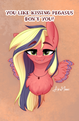 Size: 1300x1993 | Tagged: safe, alternate character, alternate version, artist:alrumoon_art, oc, oc only, oc:sindy silence, pegasus, pony, bust, commission, fangs, jewelry, looking at you, multicolored hair, necklace, portrait, smiling, smiling at you, solo, ych result