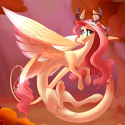 Size: 3000x3000 | Tagged: safe, artist:alrumoon_art, fluttershy, draconequus, collaboration:bestiary of fluttershy, g4, blushing, collaboration, draconequified, feathered wings, flower, flower in hair, flutterequus, paw pads, solo, species swap, wings