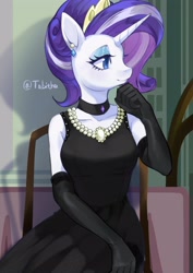Size: 2480x3508 | Tagged: safe, artist:tabithaqu, rarity, unicorn, anthro, g4, the gift of the maud pie, black dress, clothes, dress, gloves, jewelry, little black dress, long gloves, necklace, pearl necklace, solo