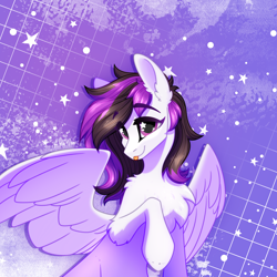 Size: 2000x2000 | Tagged: safe, artist:alrumoon_art, oc, oc only, pegasus, abstract background, chest fluff, ear fluff, looking at you, pegasus oc, raised hoof, smiling, smiling at you, solo, spread wings, stars, tongue out, wings