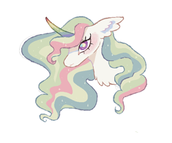Size: 590x494 | Tagged: safe, artist:6chocolatepie9, princess celestia, alicorn, pony, g4, alternate design, blushing, chest fluff, colored horn, ear fluff, female, horn, mare, purple eyes, simple background, solo, sparkles, sparkly mane, white background, wing ears, wings
