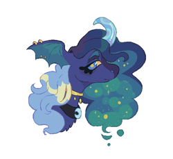 Size: 628x576 | Tagged: safe, artist:6chocolatepie9, princess luna, alicorn, pony, g4, alternate design, colored horn, curved horn, ear piercing, earring, female, horn, jewelry, mare, necklace, piercing, simple background, solo, sparkly mane, white background, wing ears, wings