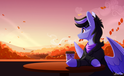 Size: 2388x1485 | Tagged: safe, artist:alrumoon_art, oc, oc only, oc:violett spectrum, pegasus, pony, autumn, clothes, coffee cup, cup, falling leaves, leaves, looking away, male, pegasus oc, scarf, scenery, sitting, solo, spread wings, table, wings