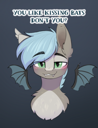Size: 1300x1706 | Tagged: safe, alternate character, alternate version, artist:alrumoon_art, oc, oc only, bat pony, pony, blushing, boykisser, bust, commission, ear fluff, fangs, gradient background, green eyes, looking at you, male, meme, ponified meme, portrait, smiling, smiling at you, solo, ych result