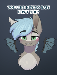 Size: 1300x1706 | Tagged: safe, alternate character, alternate version, artist:alrumoon_art, oc, oc only, oc:white phosphor, bat pony, pony, blushing, boykisser, bust, commission, ear fluff, fangs, gradient background, green eyes, looking at you, male, meme, ponified meme, portrait, smiling, smiling at you, solo, ych result