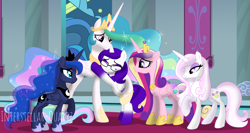 Size: 6008x3192 | Tagged: safe, artist:interstellar-quartz, fleur-de-lis, princess cadance, princess celestia, princess luna, oc, oc:violet sparkle, alicorn, pony, unicorn, g4, absurd resolution, concave belly, crown, eyeshadow, female, glasses, hoof shoes, hug, jewelry, makeup, mare, peytral, princess shoes, regalia, slender, thin