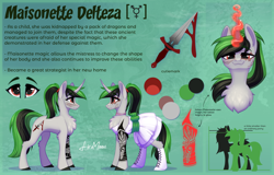 Size: 2612x1668 | Tagged: safe, artist:alrumoon_art, oc, oc only, oc:maisonette delteza, pony, unicorn, boots, bowtie, bust, chest fluff, clothes, color palette, colored hooves, concave belly, curved horn, dress, female, horn, jewelry, leg fluff, looking at you, magic, magic aura, necklace, ponytail, red eyes, reference sheet, scar, shoes, side view, simple background, sleeve tattoo, smiling, standing, tattoo, teal background, text, trans female, trans symbol, transgender, unicorn oc