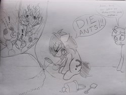 Size: 3748x2834 | Tagged: safe, artist:dhm, twilight sparkle, oc, oc:filly anon, insect, pony, angry, ants, death, female, filly, horror, incineration, magnifying glass, monochrome, pail, pencil drawing, sandbox, shocked, shovel, sketch, speech bubble, text, traditional art, yelling