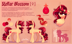 Size: 3228x1975 | Tagged: safe, artist:alrumoon_art, oc, oc only, oc:stellar blossom, pony, unicorn, blush lines, blushing, bust, butt fluff, chest fluff, concave belly, curved horn, cyrillic, female, female symbol, horn, leg fluff, looking away, magic, magic aura, mare, red background, red eyes, reference sheet, simple background, slender, smiling, solo, standing, text, thin, unicorn oc