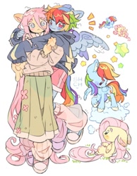 Size: 850x1098 | Tagged: safe, artist:sharpycharot, fluttershy, rainbow dash, human, pegasus, pony, g4, chibi, clothes, cloud, colored hooves, colored pinnae, duo, duo female, eared humanization, ears back, female, folded wings, hoodie, hug, humanized, leg warmers, lesbian, long hair, long skirt, looking at each other, looking at someone, looking at you, lying down, mare, on a cloud, raised hoof, redraw, ship:flutterdash, shipping, shoes, shorts, skirt, sneakers, standing on a cloud, stars, sweater, unshorn fetlocks, winged humanization, wings