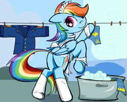 Size: 1097x883 | Tagged: safe, artist:sallycars, rainbow dash, pegasus, pony, g4, bracer, butt, clothes, clothes line, clothespin, cute, dashabetes, laundry, legitimately amazing mspaint, looking at you, looking back, looking back at you, maid, maid headdress, ms paint, panties, plot, rainbow dash day, rainbow maid, rainbutt dash, smiling, smiling at you, soap bubble, socks, solo, tub, underwear, uniform, washing, white socks, wonderbolts dress uniform, wonderbolts uniform
