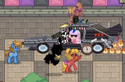 Size: 1087x714 | Tagged: safe, oc, oc:blue cookie, earth pony, pony, pony town, back to the future, delorean, earth pony oc, event, fire, harmonycon, open mouth