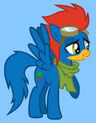 Size: 471x603 | Tagged: safe, artist:durpy, artist:mlpfanboy579, edit, pegasus, pony, g4, '90s, 2000s, blue background, clothes, cyan background, goggles, goggles on head, lidded eyes, male, pilot, ponified, raised hoof, raised leg, rule 85, scarf, simple background, smiling, solo, stallion, talking, universal studios, walter lantz, woody woodpecker, woody woodpecker (series)